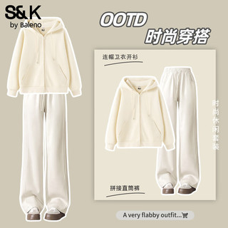 班尼路（Baleno）S&K系列套装女装两件套秋冬时尚开衫长袖外套搭配休闲直筒裤 杏#纯色+沙砾色#纯色 L