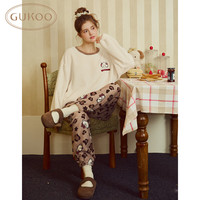 果壳(Gukoo)睡衣女冬季mikko联名甜美柔软保暖豹纹长裤女士家居服套装可外穿D 咖啡色套装 M