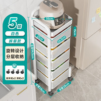 四季沐歌厨房蔬菜置物架落地旋转置物架零食收纳架客厅储物架菜篮子小推车 5层白【带磁吸】免安装-带扶手