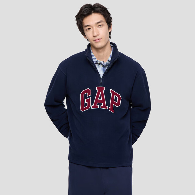 会员专享、有券的上、PLUS会员：Gap 盖璞 男女装2025秋季logo摇粒绒半拉链立领卫衣787416