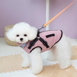 萌萌鸭 狗衣服小型犬秋冬保暖宠物牵引夹克防水防风棉袄泰迪比熊狗棉衣 粉色装备牵引棉衣 M 建议6-8斤