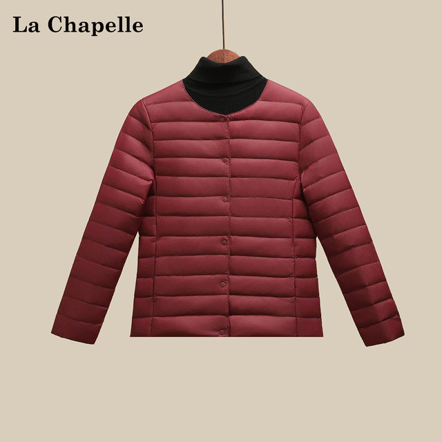 拉夏贝尔 轻薄羽绒服女士短款冬季韩版修身圆领无领内胆保暖外套