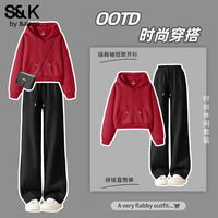 班尼路(Baleno)S&K系列运动套装女装秋冬插肩袖短开衫外套休闲直筒裤两件套 车厘子红#纯色+黑#纯色 L