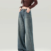 复古蓝高腰阔腿牛仔裤女2025秋冬宽松显瘦垂感直筒做旧拖地裤 M