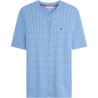 Tommy Hilfiger25春夏新款女装纯棉休闲通勤纯色圆领麻花短袖针织开衫外套