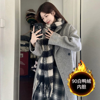 春乏羽绒服女鸭绒内胆双面绒毛呢外套女加绒加厚设计感呢子大衣女 炭灰色90白鸭绒 卡码拍小 S 105-115斤