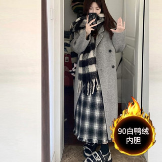 春乏羽绒服女鸭绒内胆双面绒毛呢外套女加绒加厚设计感呢子大衣女 炭灰色90白鸭绒 卡码拍小 S 105-115斤
