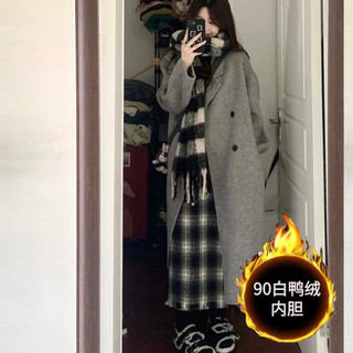 春乏羽绒服女鸭绒内胆双面绒毛呢外套女加绒加厚设计感呢子大衣女 炭灰色90白鸭绒 卡码拍小 S 105-115斤