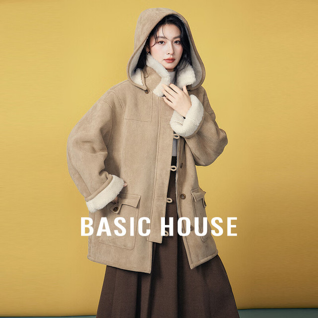 PLUS会员：BASIC HOUSE 百家好 纯色皮毛一体加绒连帽外套