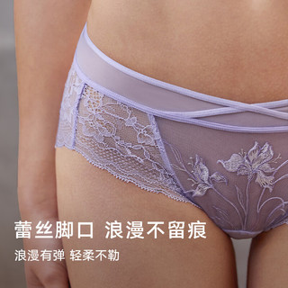 曼妮芬 中腰低脚裤蕾丝边包臀女内裤 紫色 L