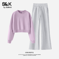 班尼路S&K系列套装圆领卫衣秋冬搭配直筒微喇裤时尚运动女装两件套 丁香紫#纯色+麻灰#纯色 L