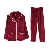 安之伴睡衣女秋冬保暖法兰绒加绒加厚休闲开衫宽松女士家居服套装可外穿 第酒红 XL