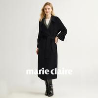 marie claire 【100%羊毛】秋冬设计款九分袖压褶插肩腰带女式上衣长款大衣