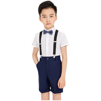 罗蒙男童礼服宝宝西装小主持人西服男孩周岁花童套装钢琴演出童装 蓝格子短裤白短袖黑背带炫蓝领结 150
