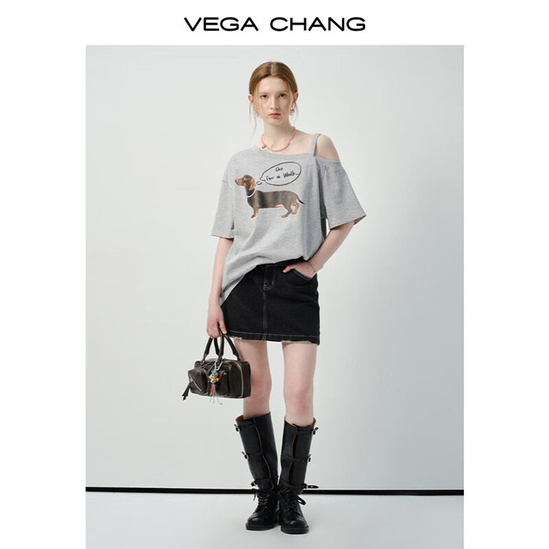  VEGA CHANG 斜肩设计 女士短袖T恤