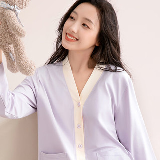 芬腾睡衣女100%纯棉2025秋季撞色V领小熊外穿柔软长袖家居服套装 浅紫 L