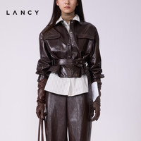 【羊皮】LANCY/朗姿2026春季时尚设计感廓形收腰皮衣短外套女