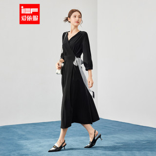 IEF/爱依服连衣裙2025夏秋韩版成熟通勤气质V领收腰连衣长裙 黑 L
