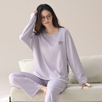 芬腾睡衣女【100%纯棉】2025秋冬长袖睡衣女士舒适简约家居服套装 紫色 2XL