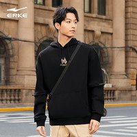 鸿星尔克 卫衣男秋冬男士休闲连帽卫衣运动圆领上衣套头衫女装男装 正黑 M