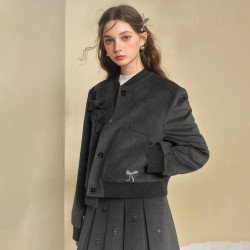 糖力 TAMMYTANGS 商场同款糖力 运动少女棒球服夹克 灰色宽松毛呢短外套女秋冬季