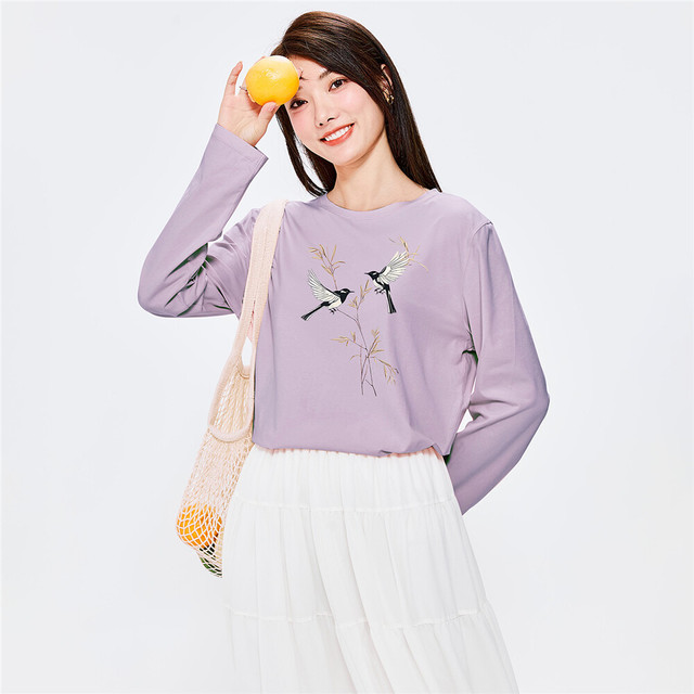 GIORDANO 佐丹奴 女装纯棉印花圆领长袖T恤 69393214