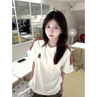 LDBE 美式复古V领三条杠短袖t恤女宽松夏季2025设计感刺绣小熊上衣 白色 M