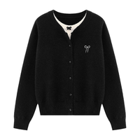 Basic House/百家好温柔风假两件针织开衫春季蝴蝶结软糯上衣 黑色 S