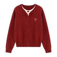 Basic House/百家好温柔风假两件针织开衫春季蝴蝶结软糯上衣 红色 M