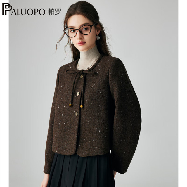 PLUS会员：PALUOPO 帕罗 秋冬毛呢大衣女 新款羊毛圆点单排扣外套 保暖出行抽绳上衣
