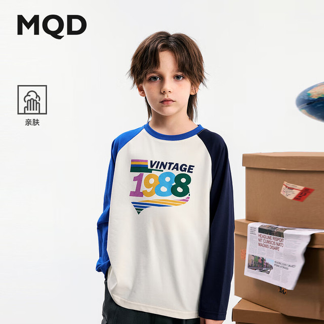 20点开始、保暖服饰：MQD 马骑顿 男大童撞色插肩袖复古长袖T恤