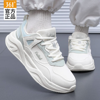 361°女鞋运动鞋女秋季361度跑步鞋户外皮面防泼水休闲鞋子女 羽毛白/薄纱蓝 (皮面) 38