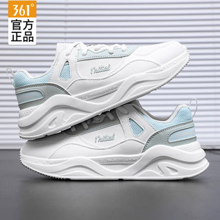 361°女鞋运动鞋女秋季361度跑步鞋户外皮面防泼水休闲鞋子女 羽毛白/薄纱蓝 (皮面) 38