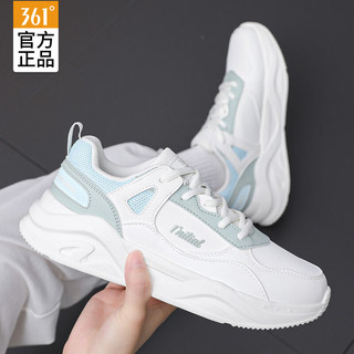 361°女鞋运动鞋女秋季361度跑步鞋户外皮面防泼水休闲鞋子女 羽毛白/薄纱蓝 (皮面) 38