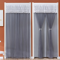 佳尔美免打孔纱门帘布艺双层蕾丝装饰隔断布帘卧室四季家用防蚊防尘纱帘 两用帘头中分布拉格玫瑰灰 宽95高200（魔术贴+绑带不送杆）