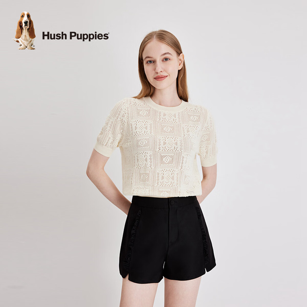 暇步士（Hush Puppies）女装春新款复古多巴胺纯棉镂空短袖针织衫 128