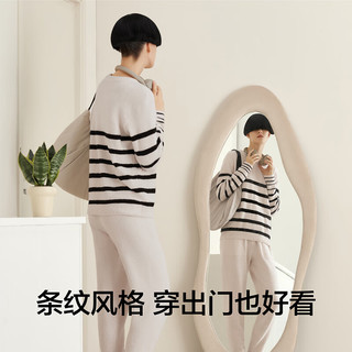 蕉内蕉内绒绒505Home女士半边绒条纹圆领长袖长裤家居套装 【女士】尤白 XL