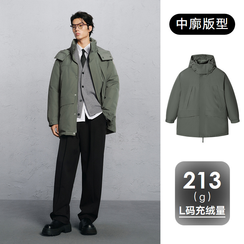 绿色连帽中长款羽绒服G24XY34005