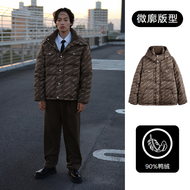棕色满花连帽羽绒服GED1D2532194