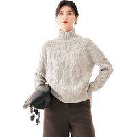 金菊绵羊毛100%新年红品秋冬加厚高领慵懒风麻花毛衣女羊毛衫 浅灰L