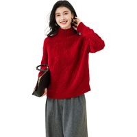 金菊绵羊毛100%新年红品秋冬加厚高领慵懒风麻花毛衣女羊毛衫 红色M 