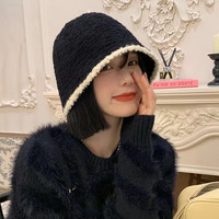 FOURDATRY 女帽黑色针织帽秋冬季韩版大头围水桶帽日系百搭显脸小