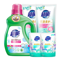 超能 洗衣液植翠低泡持久留香套组750g*1桶+500g*2袋+80g*2瓶超值5件套 洗衣液套装