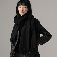 丝界绵羊毛秋冬季纯色羊毛围巾女保暖高档围巾时尚围脖黑色