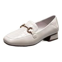 意尔康女鞋秋季羊皮粗跟单鞋方头皮鞋柔软马衔扣乐福鞋 米白 38