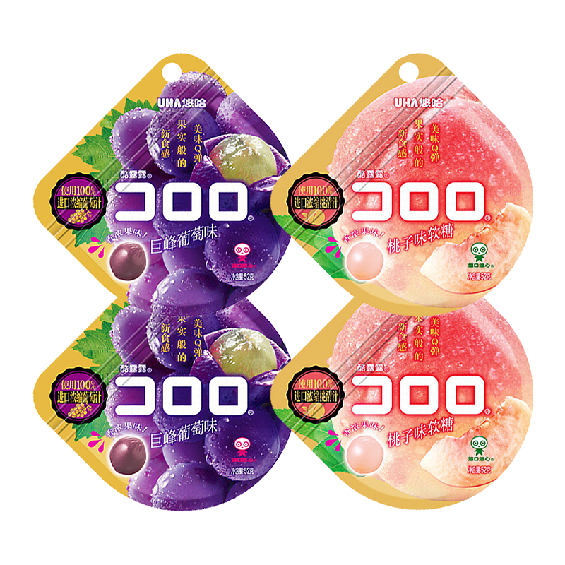  UHA/悠哈 爆浆果汁 果汁软糖  葡萄/桃子 52g*4包 葡萄、桃子 208g