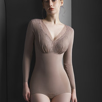 塑身连体衣收腹束腰收小肚子产后塑形美体蚕丝秋冬加绒保暖瘦身衣 咖啡色-长袖连体 XXXL【参考140~155斤】