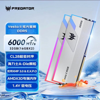 宏碁掠夺者DDR5 第5代 游戏超频内存 台式机电脑内存条 散热马甲条 炫光星舰丨DDR5 6000 C28 银 Adie 32GB 2条套条 32G（16Gx2）套条