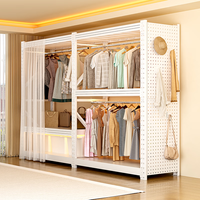 摩基 简易衣柜卧室家用出租屋开放式全钢结构挂衣架带纱帘洞洞板衣帽架 三层促销款80*40*200
