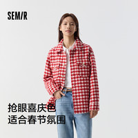 森马外套女中长款格子粗花呢上衣时尚气质春复古翻领红色衣服炸街